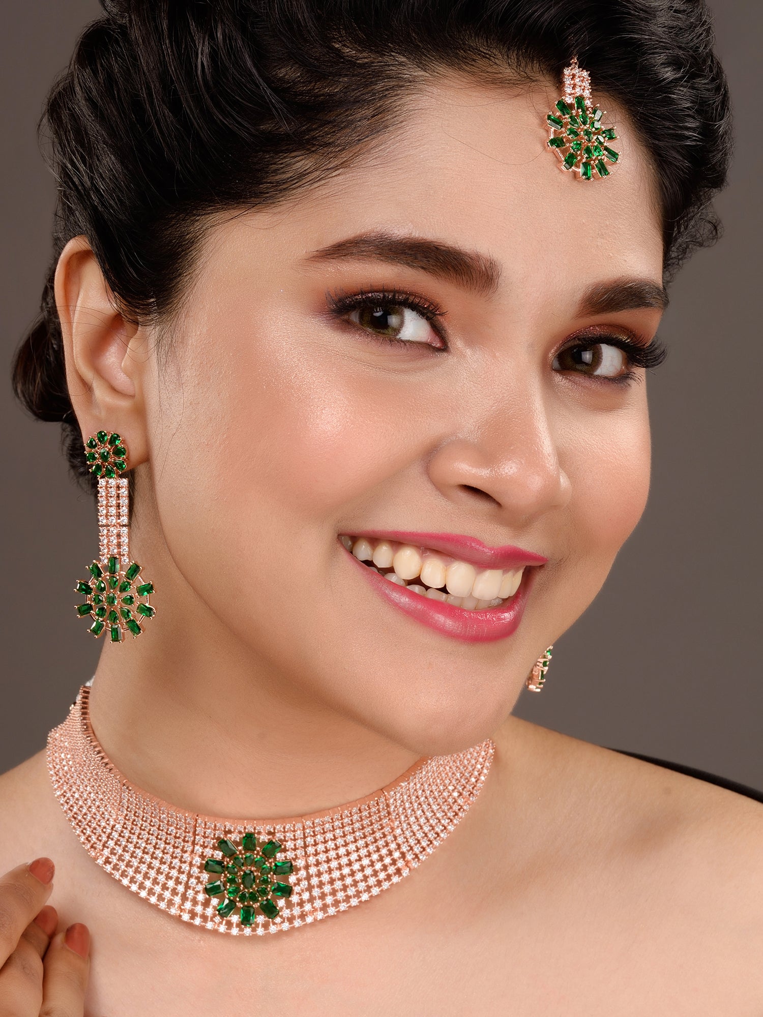 Rose gold Toned Green AD Studded Contemporary Choker Jewellery Set Tika, zaveri pearls, sale price rs, sale price, sale gold plated, sale gold, sale, rubans, ring, regular price, priyassi jew